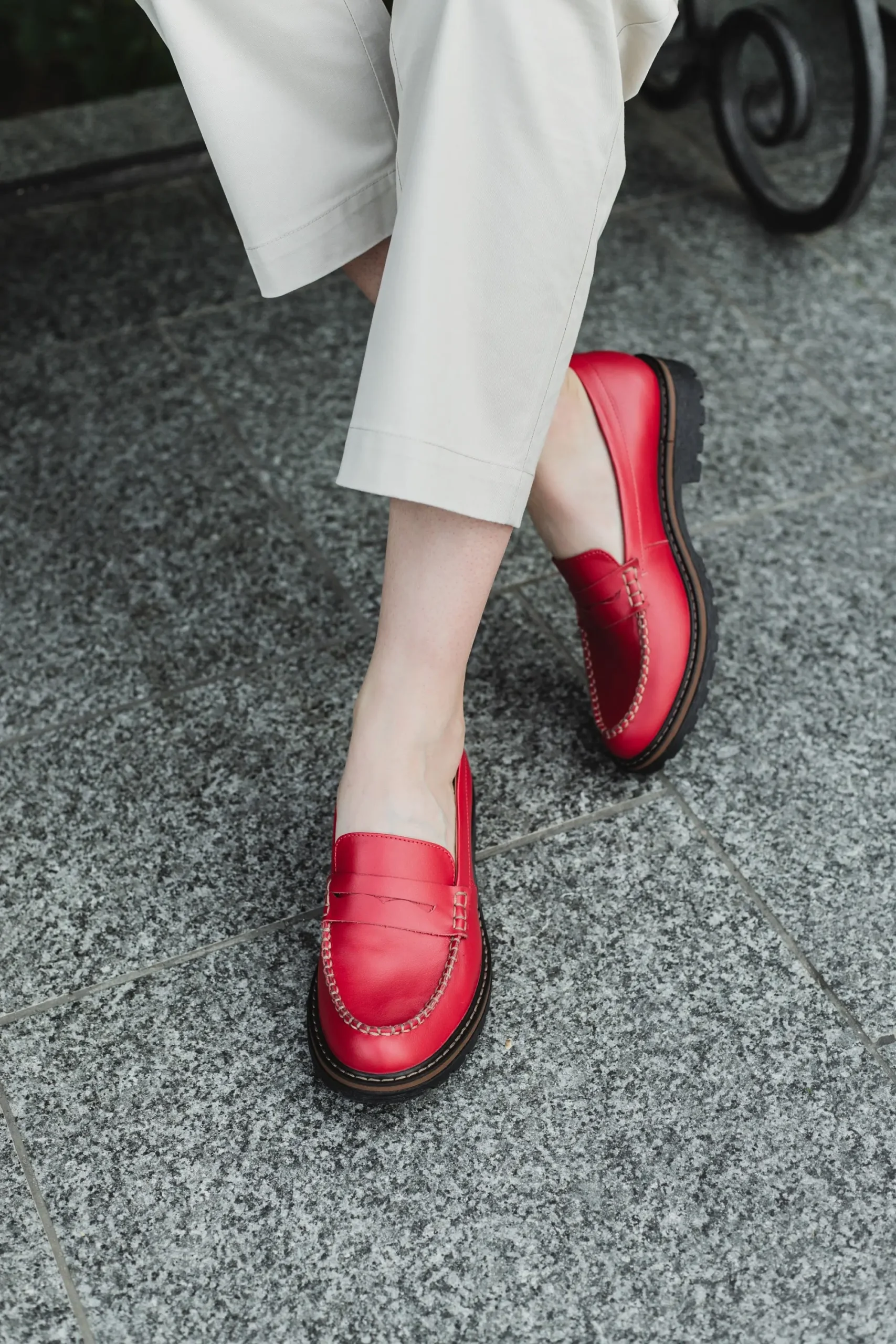 Red Penny Loafer Women Shoes, Flat Red Leather Loafers