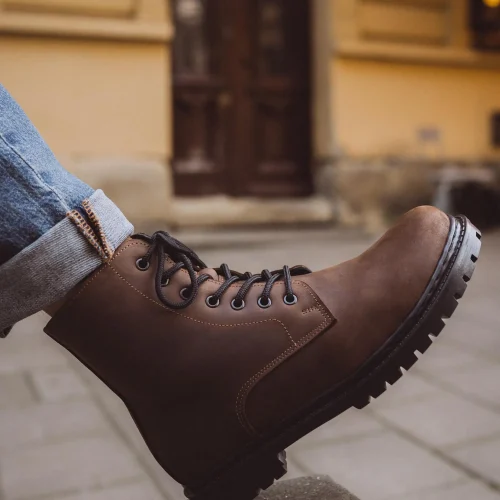 Mens Brown Leather Work Boots Fur Lined Combat